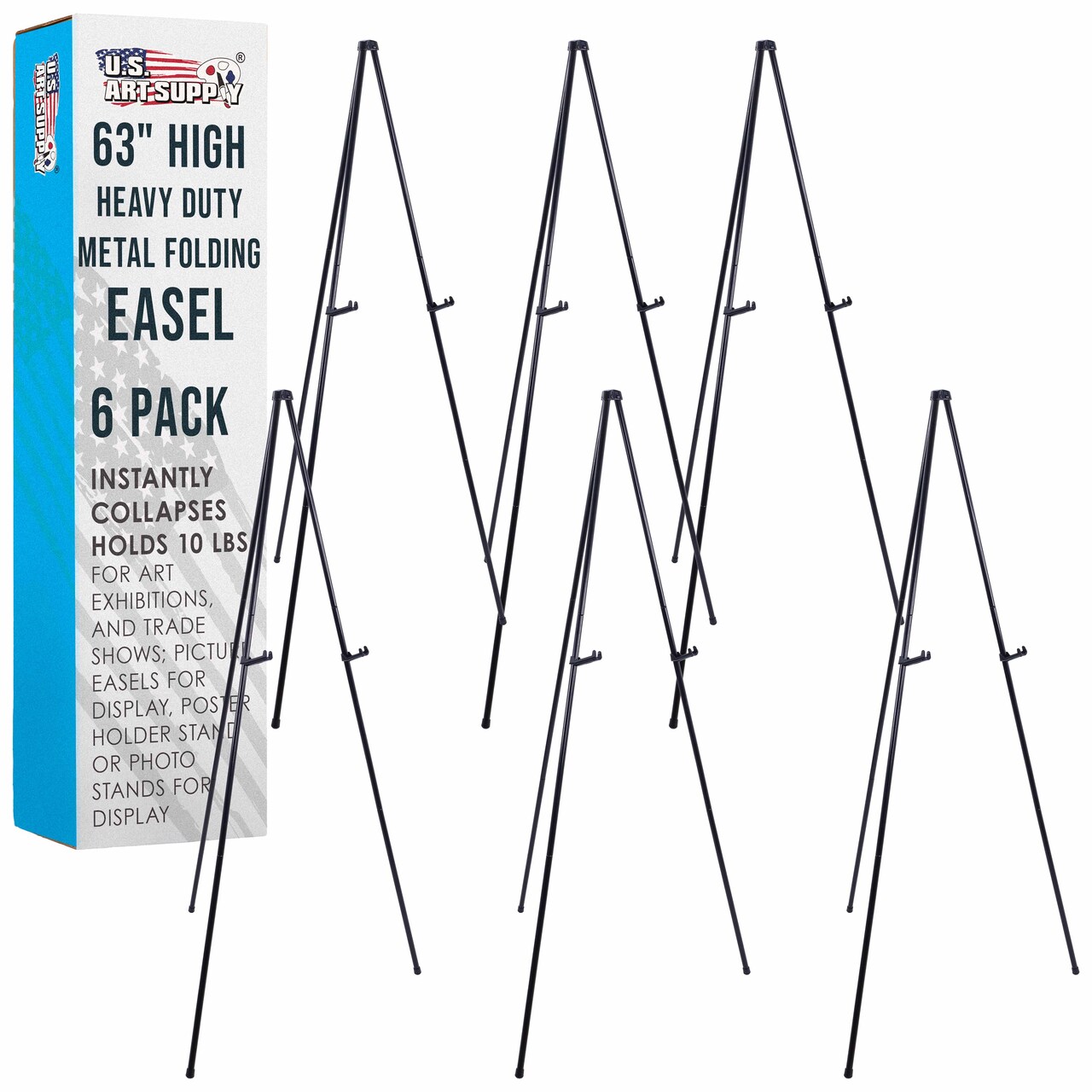U.S. Art Supply 63" High Heavy Duty Metal Folding Display Easel (6 Pack) - Adjustable Height, Holds 10 lbs - Portable Art Easel Stand - For Sign, Poster, Canvas, Painting, Picture Display